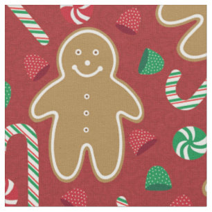 Cute Gingerbrood Mannen Gumdrops Candy Cane op Red Stof