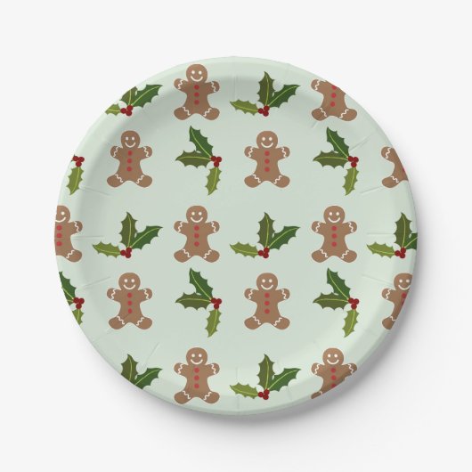 Cute Gingerbrood Men en Holly Pattern Kerstmis Papieren Bordje (Voorkant)