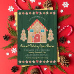 Cute Gingerbrood Open House Green Rustige Kerstmis Kaart<br><div class="desc">Een schattig, grillig peperkoekenhuis en bomen, sterren, harten en snoepjes, samen met speelse scripttypografie, bedekken een donkere, jachtgroene, rustieke achtergrond van landhout en helpen u het feestseizoen in te luiden. Een pepermuntpatroon op een stoffige gele achtergrond siert de achterkant van het snoep. Vier met familie en vrienden terwijl u de...</div>