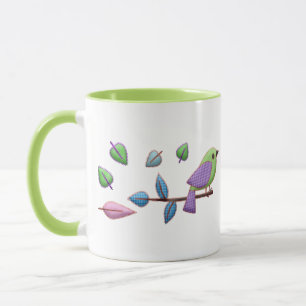 Cute Gingham Bird met Pastel Leaves Mok