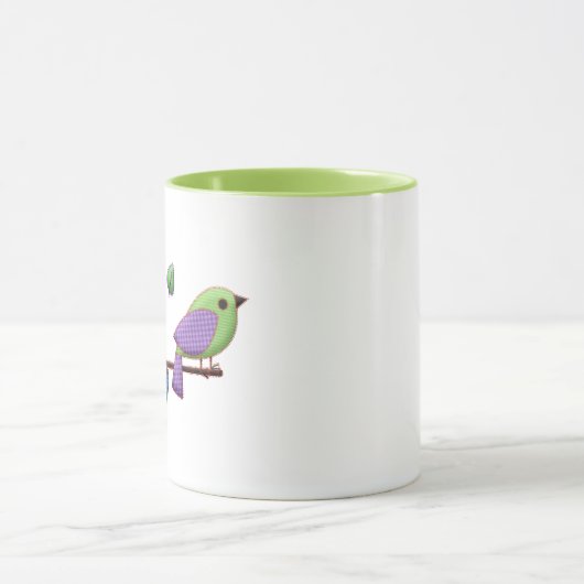 Cute Gingham Bird met Pastel Leaves Mok (Midden)