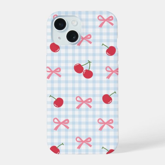 Cute Gingham Kersen iPhone Hoesje met Strik Coquet 15 Case (Achterkant)