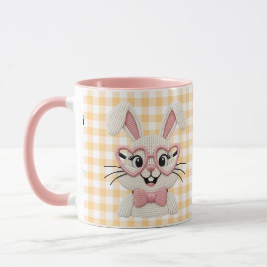Cute Gingham Konijn Roze Hart Bril Mok (Links)