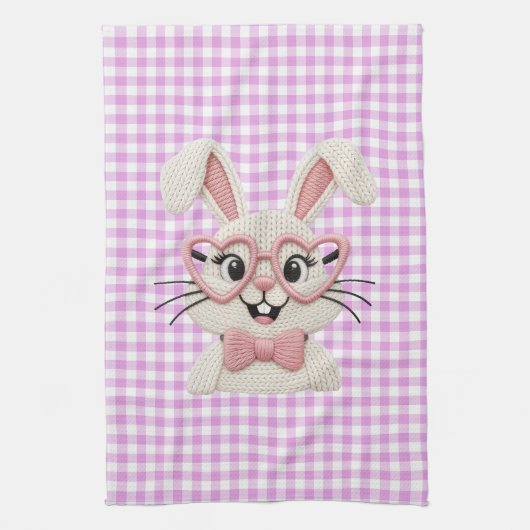 Cute Gingham Konijn Roze Hart Bril  Theedoek (Verticaal)