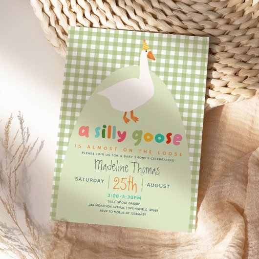 Cute Gingham Neutral Silly Goose Baby Shower  Kaart