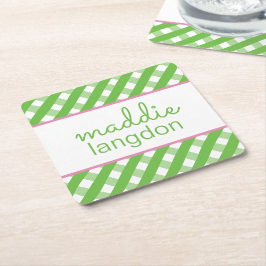 Cute Gingham Personalized Paper Onderzetters (Schuin)