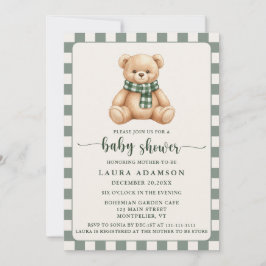 Cute Gingham Plaid Teddy Bear Winter Baby Shower Kaart
