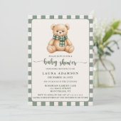 Cute Gingham Plaid Teddy Bear Winter Baby Shower Kaart (Staand voorkant)