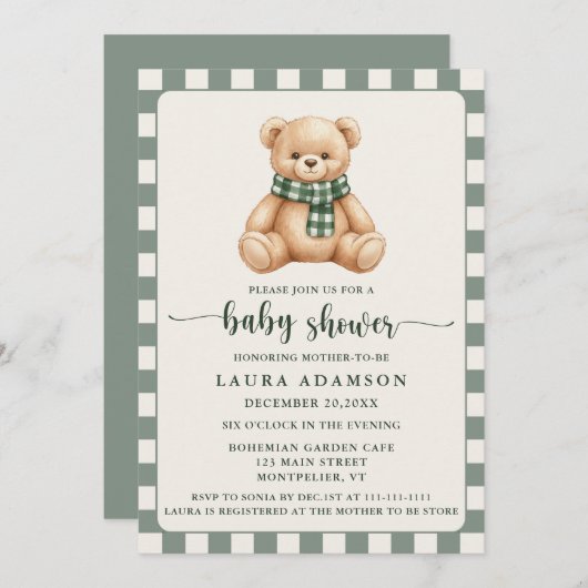 Cute Gingham Plaid Teddy Bear Winter Baby Shower Kaart (Voorkant / Achterkant)
