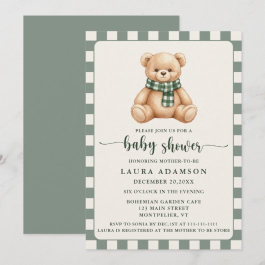 Cute Gingham Plaid Teddybeer Winter Babyshower Kaart (Voorkant / Achterkant)