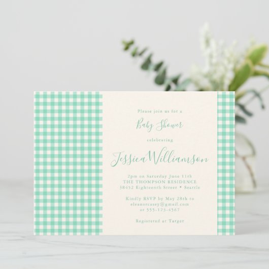 Cute  Gingham Pset Mint Green Baby shower Kaart (Staand voorkant)