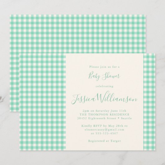 Cute  Gingham Pset Mint Green Baby shower Kaart (Voorkant / Achterkant)