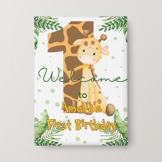 Cute Giraffe 1e Verjaardag Welkom Button (Voorkant)