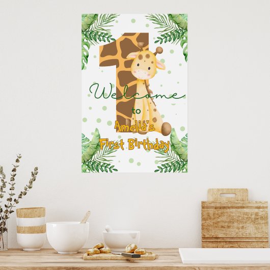 Cute Giraffe 1e Verjaardag Welkom Poster (Keuken)