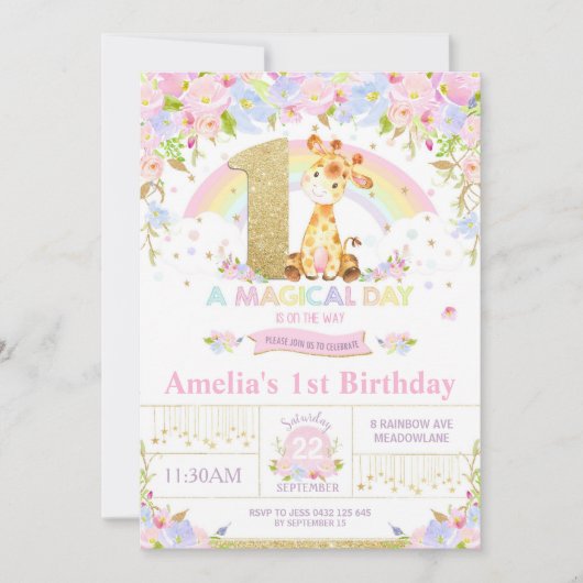 Cute Giraffe 1st Birthday Party Invitation Girl Kaart (Voorkant)