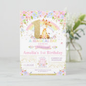 Cute Giraffe 1st Birthday Party Invitation Girl Kaart (Staand voorkant)