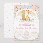 Cute Giraffe 1st Birthday Party Invitation Girl Kaart (Voorkant / Achterkant)