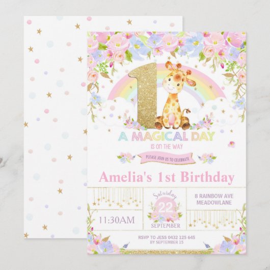 Cute Giraffe 1st Birthday Party Invitation Girl Kaart (Voorkant / Achterkant)