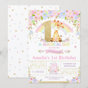 Cute Giraffe 1st Birthday Party Invitation Girl Kaart