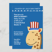Cute Giraffe 4th Fourth of Juli Birthday Invite Kaart (Voorkant / Achterkant)