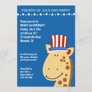 Cute Giraffe 4th Fourth of Juli Birthday Invite Kaart