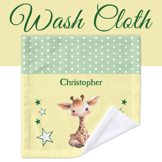 Cute giraffe add name polka dots stars green washandje