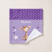 Cute giraffe add name polka dots stars purple washandje (Wasdoekje)