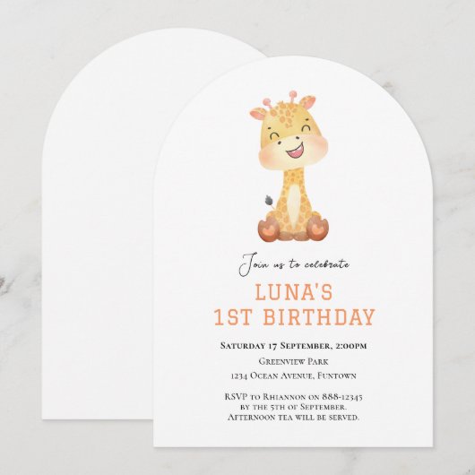 Cute Giraffe arch 1st birthday invitation Kaart (Voorkant / Achterkant)
