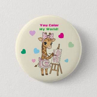 Cute Giraffe Artist "You Color My World" Valentine Ronde Button 5,7 Cm