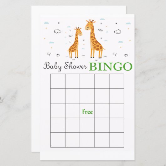 Cute Giraffe baby shower bingo card (Voorkant / Achterkant)