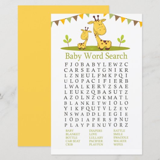 Cute giraffe Baby shower Word Search Game (Voorkant / Achterkant)