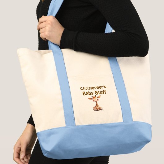 Cute giraffe baby stuff name blue brown tote bag