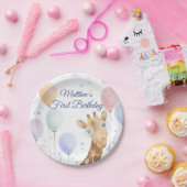 Cute Giraffe Balloon Boy First Birthday Papieren Bordje (Feest)