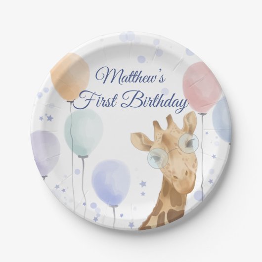 Cute Giraffe Balloon Boy First Birthday Papieren Bordje (Voorkant)