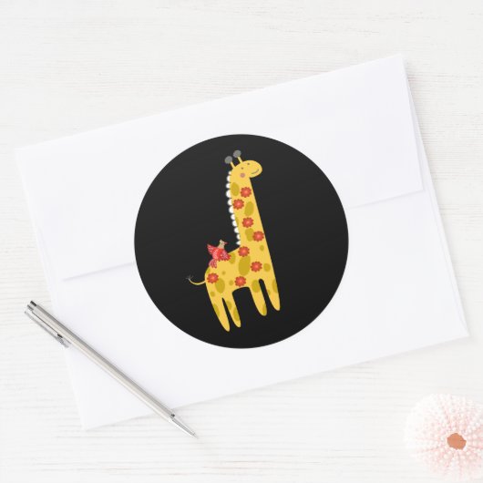 Cute Giraffe & Bird Flowers Yellow Red op zwart Ronde Sticker (Envelop)