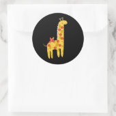 Cute Giraffe & Bird Flowers Yellow Red op zwart Ronde Sticker (Tas)