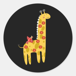 Cute Giraffe & Bird Flowers Yellow Red op zwart Ronde Sticker