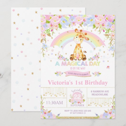 Cute Giraffe Birthday Party Invitation Girl Kaart (Voorkant / Achterkant)