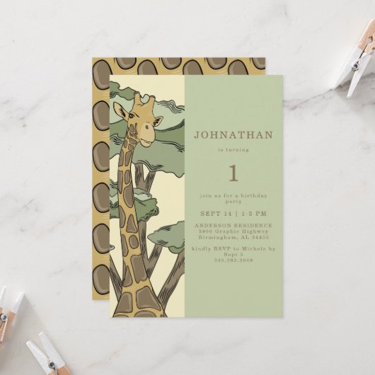 Cute Giraffe Birthday Party Invitation Kaart (Voorkant / Achterkant in situ)