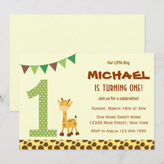 Cute Giraffe Birthday Party Invitation Kaart (Voorkant / Achterkant)