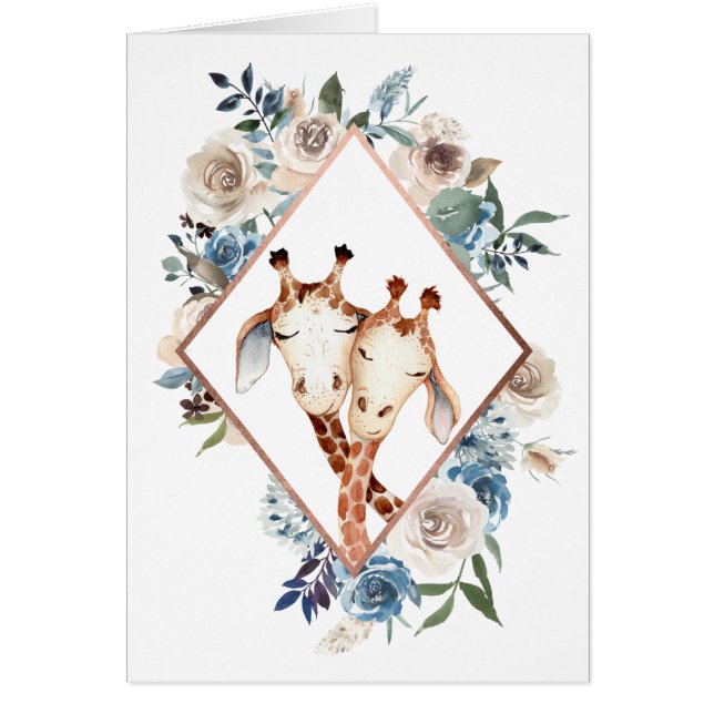 Cute Giraffe Blue Floral Lijst Jubileum (Voorkant)