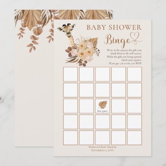 Cute Giraffe Boho Dried Grasses Baby shower Bingo Kaart (Voorkant / Achterkant)