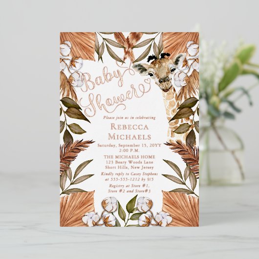 Cute Giraffe Boho Dried Grasses Baby shower Folie  Folie Uitnodiging (Staand Voorkant)