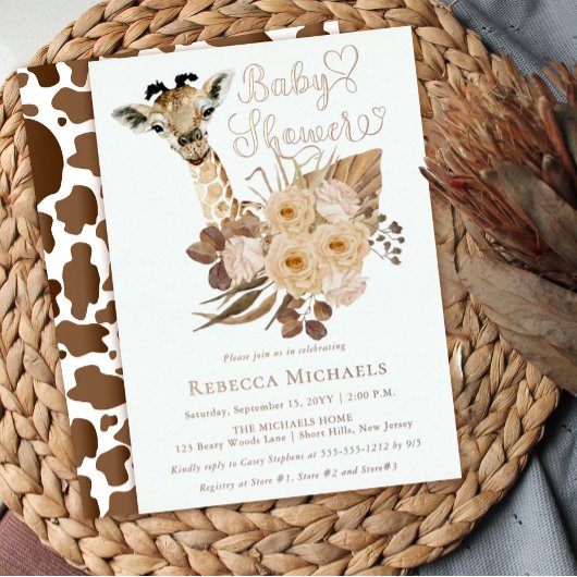Cute Giraffe Boho Dried Grasses Baby Shower Folie Uitnodiging