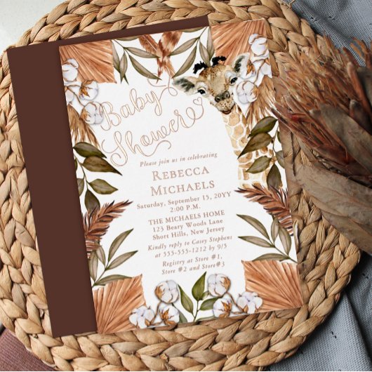 Cute Giraffe Boho Dried Grasses Baby shower Folie Uitnodiging