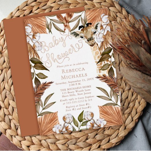 Cute Giraffe Boho Dried Grasses Baby shower Folie Uitnodiging
