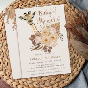 Cute Giraffe Boho Dried Grasses Baby shower Invita Kaart