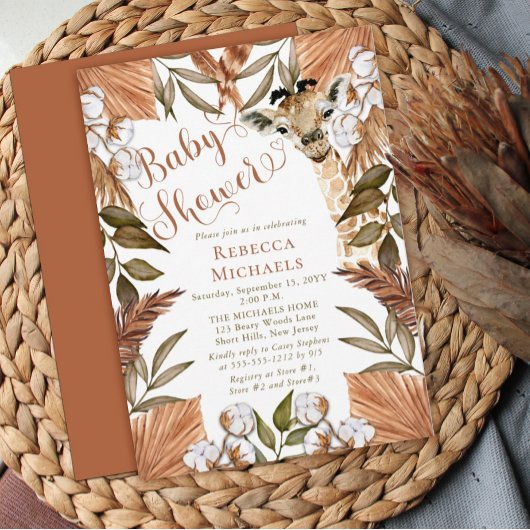 Cute Giraffe Boho Dried Grasses Baby Shower Kaart