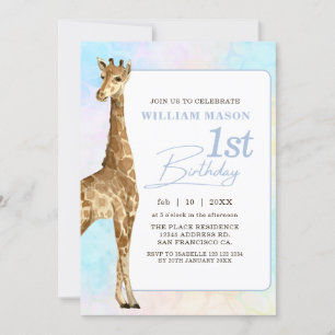 Cute Giraffe Boy 1st Birthday Blue Kaart