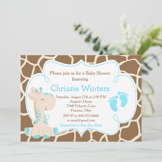 Cute Giraffe Boy Blue Baby shower Kaart (Staand voorkant)